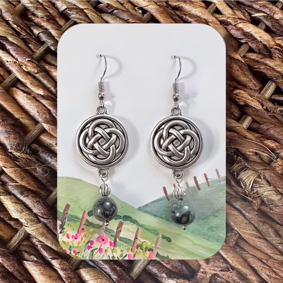New Silver-Tone Celtic Knot Pendant Dangle Earrings With Green Eyes Jasper Beads 13$